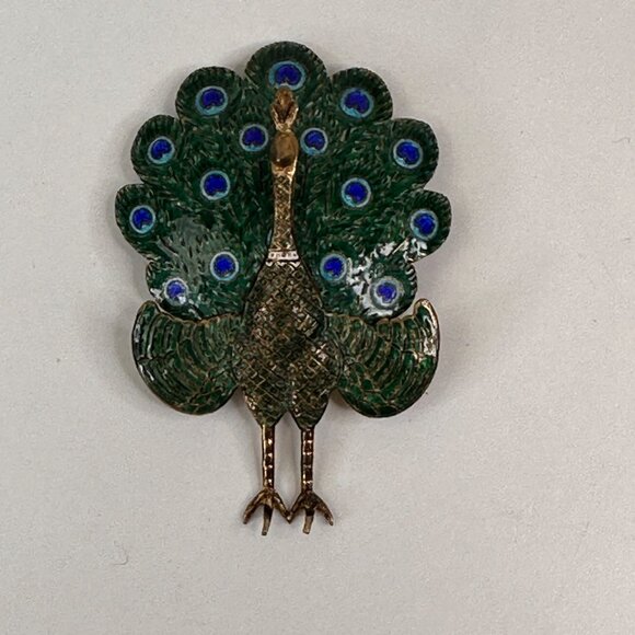 Vintage Peacock Brooch Pin & Earrings Set Sterling Siam Enamel Articulating - Picture 2 of 10